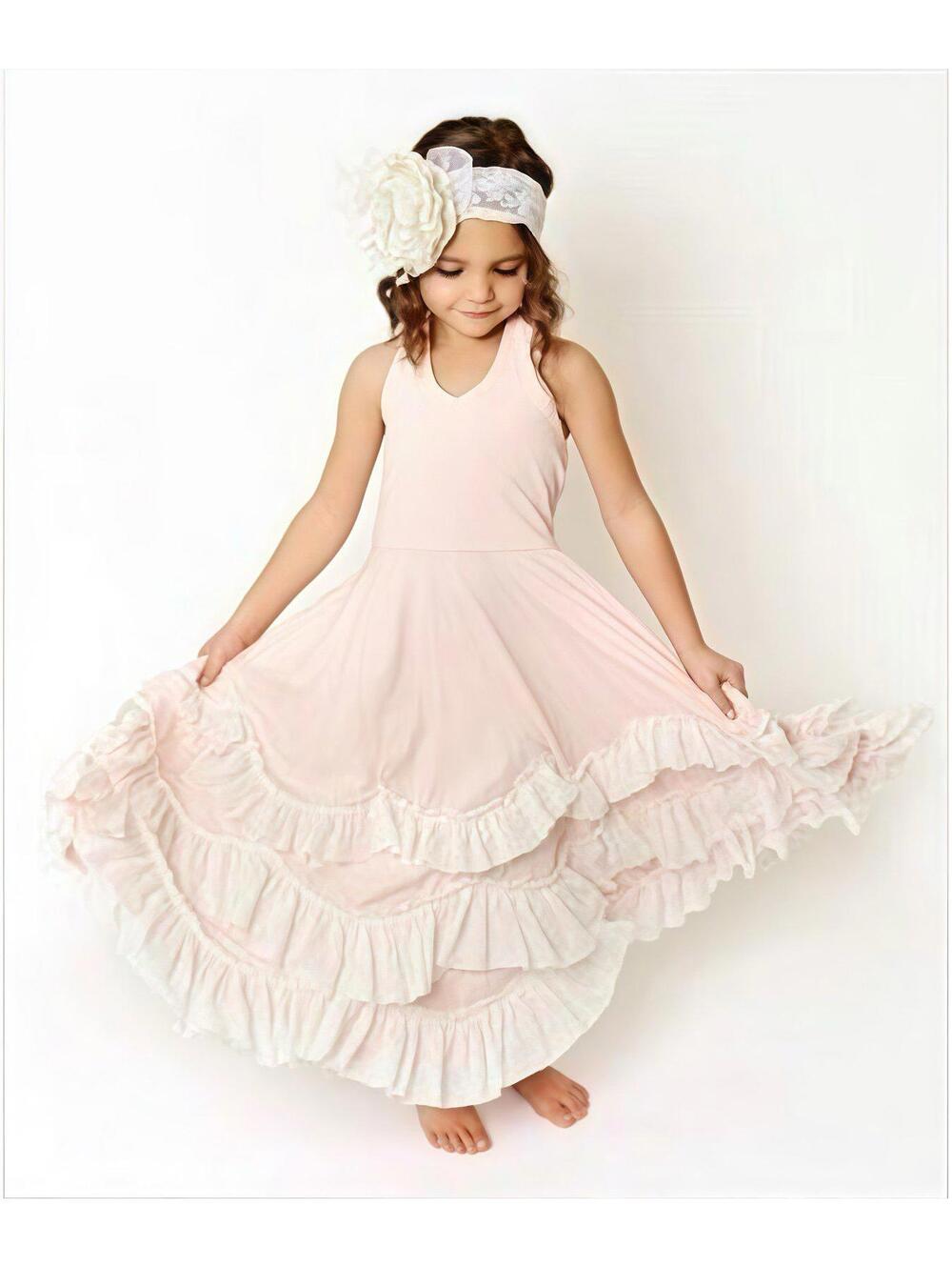 Oopsie Daisy Pink/White Ruffled Tiered Halter Neck Dress Girls Sz 6
